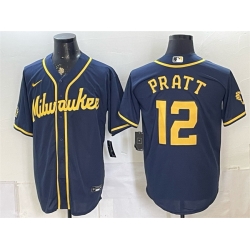 Men Milwaukee Brewers  12 Cooper Pratt Navy Stitched Baseball Jersey