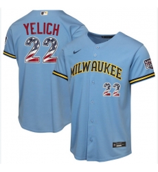 Men Milwaukee Brewers 22 Christian Yelich Blue 2026 USA 250 Fourth of July Home Stadium Stitched Baseball Jersey Men Milwaukee Brewers 22 Christian Yelich Blue 2026 USA 250 Fourth of July Home Stadium Stitched Baseball Jersey