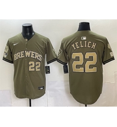 Men Milwaukee Brewers  22 Christian Yelich Olive 2026 Armed Forces Day Stitched Baseball Jersey
