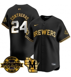 Men Milwaukee Brewers 24 William Contreras Black Gold With Home Bob Uecker Patch Limited Stitched Baseball Jersey Men Milwaukee Brewers 24 William Contreras Black Gold With Home Bob Uecker Patch Limited Stitched Baseball Jersey