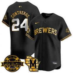 Men Milwaukee Brewers  24 William Contreras Black Gold With Home   Bob Uecker Patch Limited Stitched Baseball Jersey
