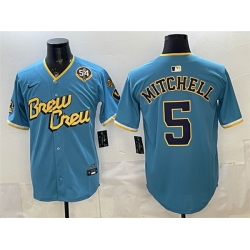 Men Milwaukee Brewers  5 Garrett Mitchell Powder Blue City Connect With Home   Bob Uecker Patch Limited Stitched Baseball Jersey