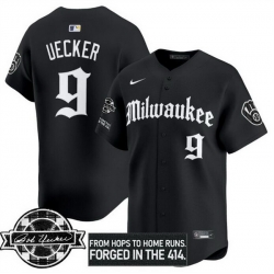 Men Milwaukee Brewers 9 Bob Uecker Black Gothic Edition Bob Uecker Patch Vapor Premier Limited Stitched Baseball Jersey