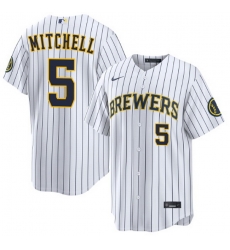 Men Milwaukee Brewers Garrett Mitchell #5 Home White Strips Stitched Limited Jersey