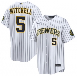 Men Milwaukee Brewers Garrett Mitchell #5 Home White Strips Stitched Limited Jersey