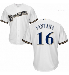 Mens Majestic Milwaukee Brewers 16 Domingo Santana Replica Navy Blue Alternate Cool Base MLB Jersey 