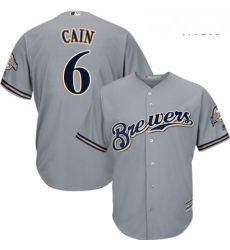 Mens Majestic Milwaukee Brewers 6 Lorenzo Cain Replica Grey Road Cool Base MLB Jersey 