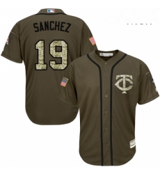 Mens Majestic Minnesota Twins 19 Anibal Sanchez Replica Green Salute to Service MLB Jersey 