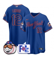 Men New York Mets 12 Francisco Lindor Blue Road 2025 Spring Training Stitched Baseball Jersey