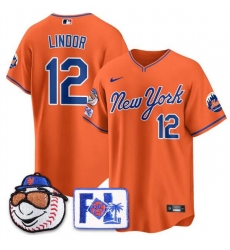 Men New York Mets 12 Francisco Lindor Orange 2025 Spring Training Stitched Baseball Jersey