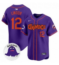 Men New York Mets 12 Francisco Lindor Purple Grimace V2 Vapor Limited Stitched Baseball Jersey