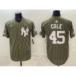 Men New York Yankees  45 Gerrit Cole Olive 2026 Armed Forces Day Salute To Service Stitched Baseball Jersey
