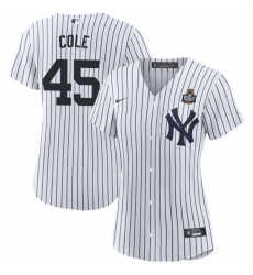 Women New York Yankees 45 Gerrit Cole White 2024 World Series With Name Cool Base Stitched Baseball Jersey