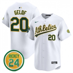 Men Oakland Athletics 20 Zack Gelof White 2024 Home Limited With Rickey Henderson Patch Stitched Jersey