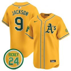 Men Oakland Athletics 9 Reggie Jackson Yellow 2024 Limited With Rickey Henderson Patch Stitched Jersey