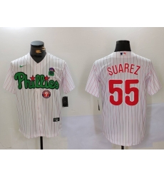 Men Philadelphia Phillies 55 Ranger Suarez White Green Cool Base Stitched Jersey 5