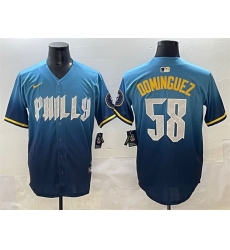 Men Philadelphia Phillies 58 Seranthony Dom EDnguez Blue 2024 City Connect Limited Stitched Jersey