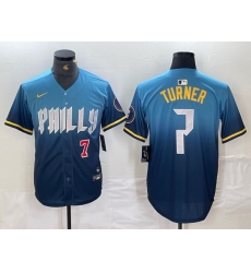 Men Philadelphia Phillies 7 Trea Turner Blue 2024 City Connect Limited Stitched Jersey 1