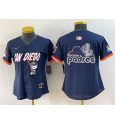 Women San Diego Padres X Hello Kitty Team Big Logo Obsidian 2026 City Connect Stadium Stitched Baseball Jersey Run Small  001