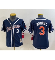 Youth San Diego Padres 3 Jackson Merrill Navy Throwback With Patch Stitched Baseball Jersey
