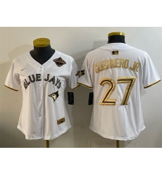 Women Toronto Blue Jays 27 Vladimir Guerrero Jr  White Gold 2025 American League Champions Limited Stitched Baseball Jersey 