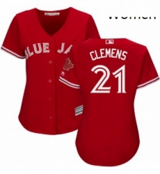 Womens Majestic Toronto Blue Jays 21 Roger Clemens Replica Scarlet Alternate MLB Jersey