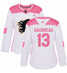 Womens Adidas Calgary Flames 13 Johnny Gaudreau Authentic WhitePink Fashion NHL Jersey 