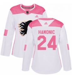 Womens Adidas Calgary Flames 24 Travis Hamonic Authentic WhitePink Fashion NHL Jersey 