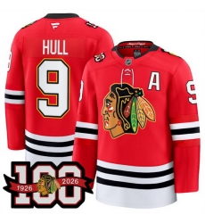 Men Chicago Blackhawks 9 Bobby Hull Red 2025 Home 100th Anniversary Stitched Hockey Jersey