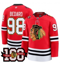Men Chicago Blackhawks 98 Connor Bedard Red 2025 Home 100th Anniversary Stitched Hockey Jersey