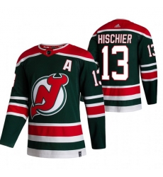 Men New Jersey Devils 13 Nico Hischier Green Adidas 2020 21 Reverse Retro Alternate NHL Jersey