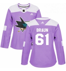 Womens Adidas San Jose Sharks 61 Justin Braun Authentic Purple Fights Cancer Practice NHL Jersey 