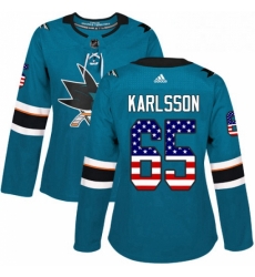 Womens Adidas San Jose Sharks 65 Erik Karlsson Authentic Teal Green USA Flag Fashion NHL Jersey 