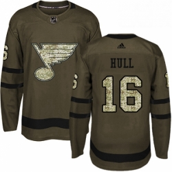 Mens Adidas St Louis Blues 16 Brett Hull Premier Green Salute to Service NHL Jersey 