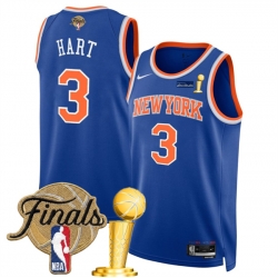 Men New Yok Knicks  3 Josh Hart Blue 2026 Finals Patch And Finals Champions Patch Icon Edition Stitched Basketball Jersey