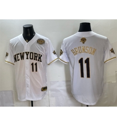 Men New York Knicks  11 Jalen Brunson White Gold 2026 Finals   Eastern Conference Champions Patch Stitched Baseball Jersey