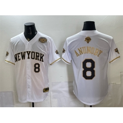 Men New York Knicks  8 OG Anunoby White Gold 2026 Finals   Eastern Conference Champions Patch Stitched Baseball Jersey