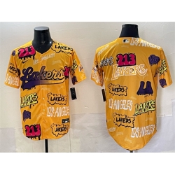 Men Los Angeles Lakers Team Big Logo Yellow Limited Stitched Baseball Jersey 1