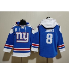 Men New York Giants 8 Daniel Jones Blue Ageless Must Have Lace Up Pullover Hoodie