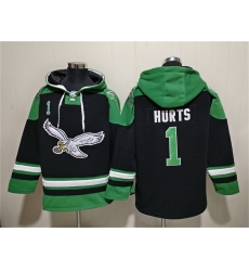 Men Philadelphia Eagles 1 Jalen Hurts Black Ageless Must Have Lace Up Pullover Hoodie