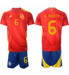Men Spain Team 6 Andrs Iniesta 2024 25 Red Home Soccer Jersey Suit