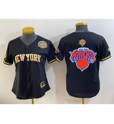 Women New York Knicks Team Big Logo Black Gold 2026 Finals Eastern Conference Champions Patch Stitched Baseball Jersey Women New York Knicks Team Big Logo Black Gold 2026 Finals Eastern Conference Champions Patch Stitched Baseball Jersey