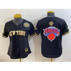 Women New York Knicks Team Big Logo Black Gold 2026 Finals   Eastern Conference Champions Patch Stitched Baseball Jersey
