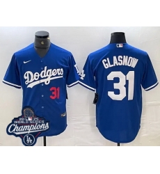 Men Los Angeles Dodgers 31 Tyler Glasnow Cool Base 2025 World Champions Stitched Baseball Jersey Blue