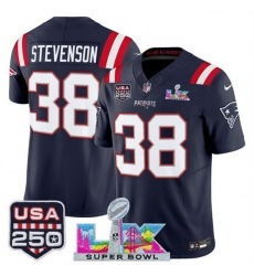 Men New England Patriots 38 Rhamondre Stevenson Navy 2025 F U S E  Super Bowl LX Patch And USA 250 27 Patch Vapor Limited Football Stitched Jersey
