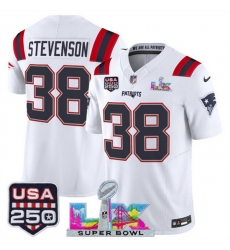 Men New England Patriots 38 Rhamondre Stevenson White 2025 F U S E  Super Bowl LX Patch And USA 250 27 Patch Vapor Limited Football Stitched Jersey