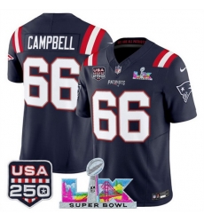 Men New England Patriots 66 Will Campbell Navy 2025 F U S E  Super Bowl LX Patch And USA 250 27 Patch Vapor Limited Football Stitched Jersey
