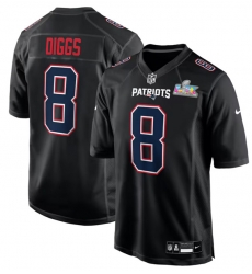 Men New England Patriots 8 Stefon Diggs Black 2025 Super Bowl LX Patch Carbon Fashion Stitched Game Jersey