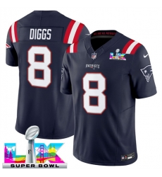 Men New England Patriots 8 Stefon Diggs Navy 2025 F U S E  Super Bowl LX Patch Vapor Limited Stitched Football Jersey