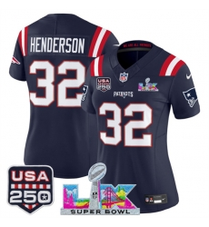 Women New England Patriots 32 TreVeyon Henderson Navy 2025 F U S E  Super Bowl LX Patch And USA 250 27 Patch Vapor Limited Football Stitched Jersey 